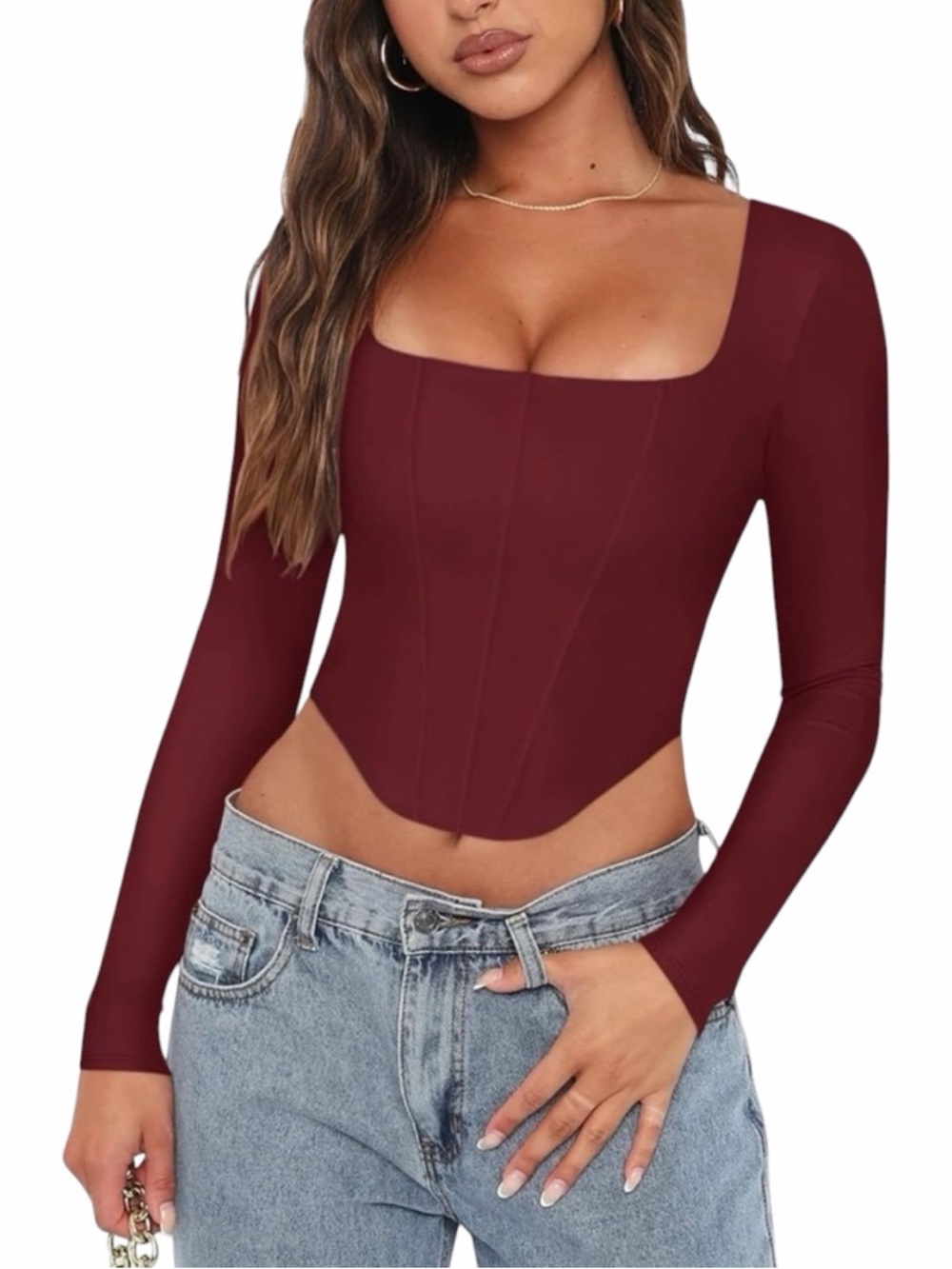 REORIA Burgundy Square Neck Corset Bustier Long Sleeve Crop Top Size Large NWT